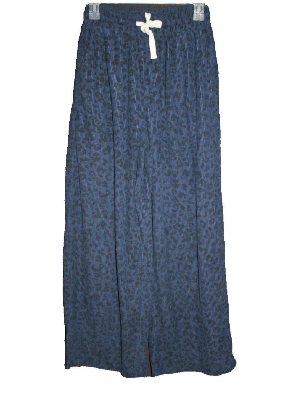 DAZY Women's Size L Blue & Black Cheetah Print Ribbed Wide Leg Drawstring Pants